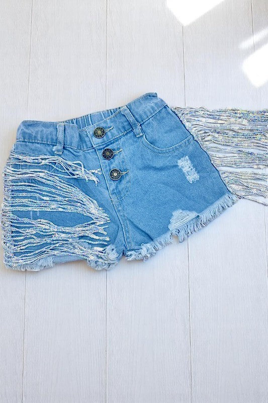 (A4S6) Wholesale girls denim shorts Blue denim girl distressed shorts w/shiny fringe tassels 230114M
