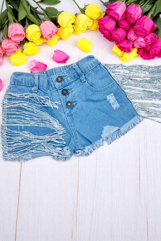 (A4S6) Wholesale girls denim shorts Blue denim girl distressed shorts w/shiny fringe tassels 230114M