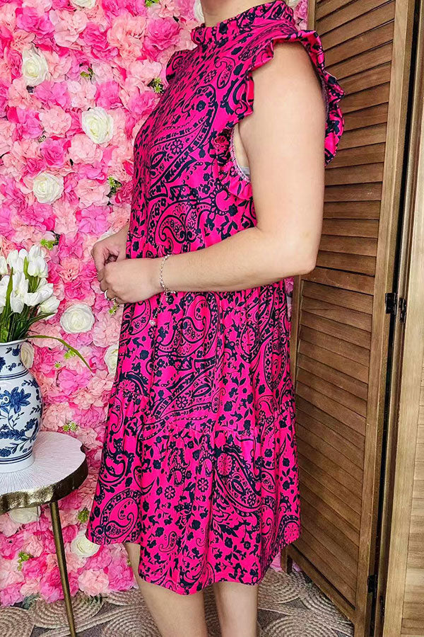 Wholesale Black paisley printed short sleeve w/ruffle women dress BQ15997 AS9