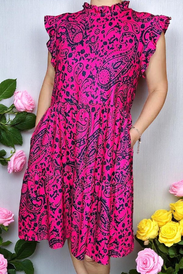 Wholesale Black paisley printed short sleeve w/ruffle women dress BQ15997 AS9