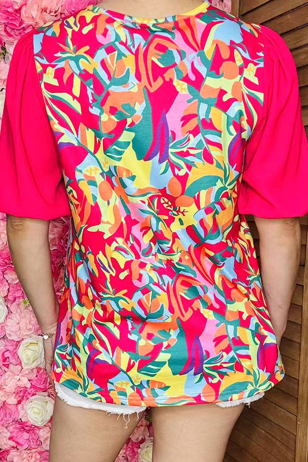 Shop Women's t-shirt Multi color floral prints & red chiffon short sleeves XCH16019 (ES4)