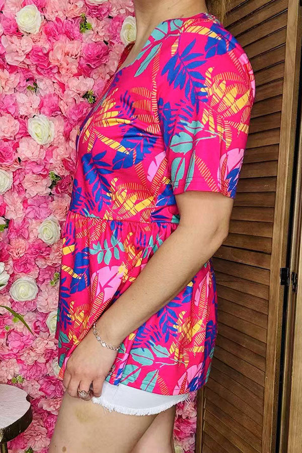 Shop women top Multi color palm leaf prints & short sleeve & square collar BQ15857