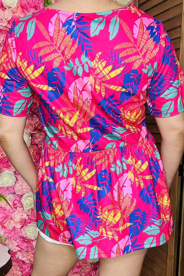 Shop women top Multi color palm leaf prints & short sleeve & square collar BQ15857