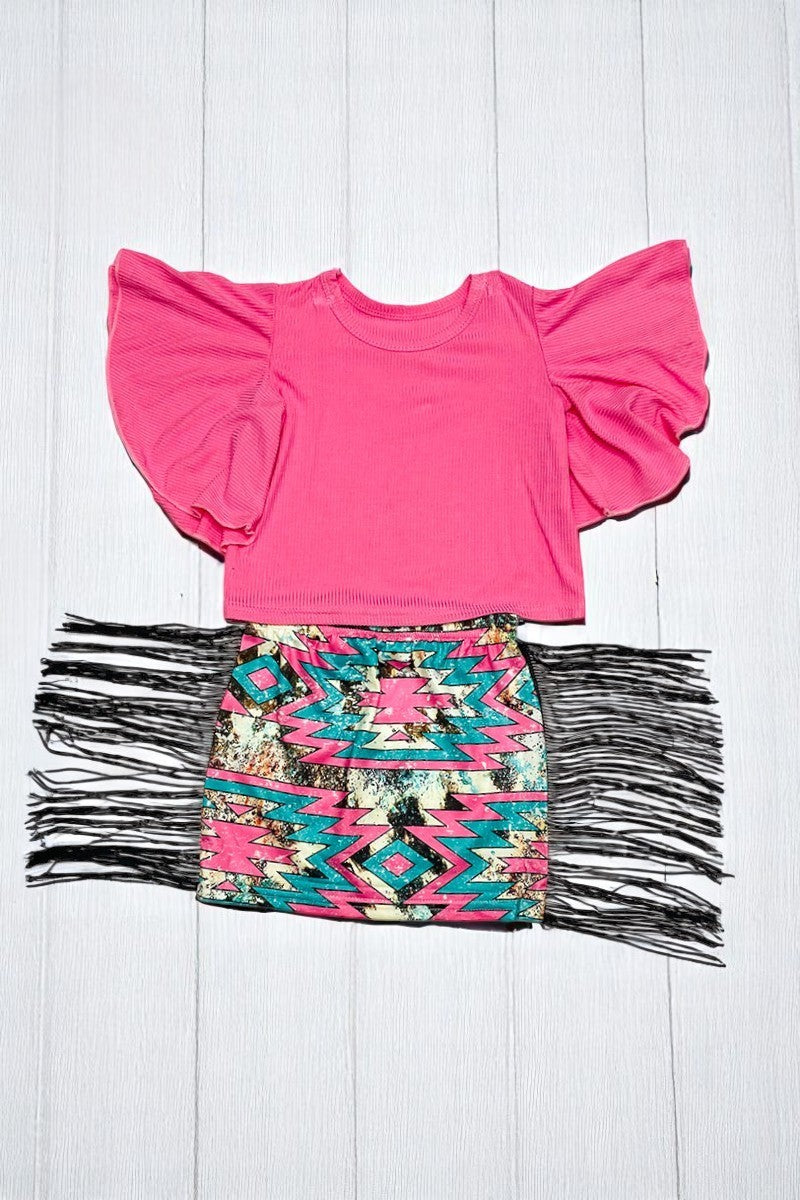 Shop kids clothes online soft Pink blouse w/multi color Aztec fringe skirt girl set DLH2348 (A4S6)