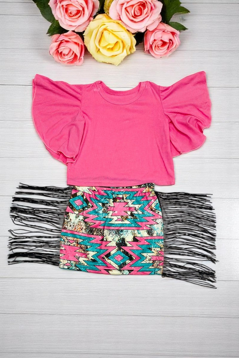 Shop kids clothes online soft Pink blouse w/multi color Aztec fringe skirt girl set DLH2348 (A4S6)