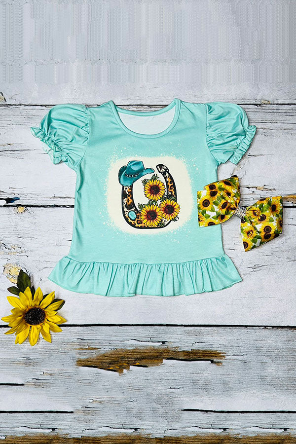 Girls clothes wholesale Mint horseshoe w/sunflowers short sleeve ruffle top DLH1108-16