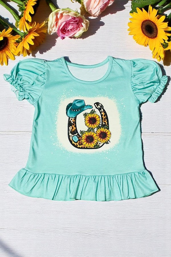 Girls clothes wholesale Mint horseshoe w/sunflowers short sleeve ruffle top DLH1108-16