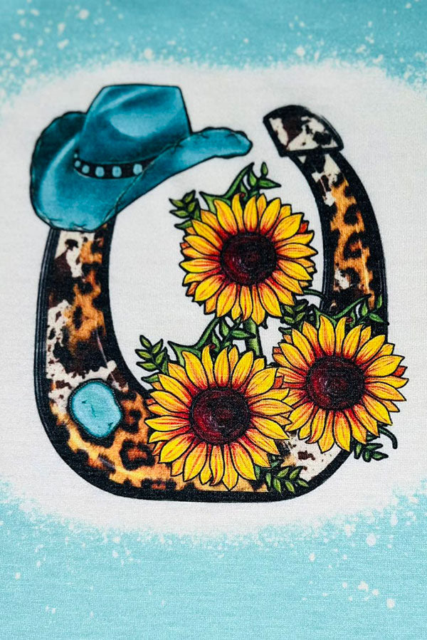 Girls clothes wholesale Mint horseshoe w/sunflowers short sleeve ruffle top DLH1108-16