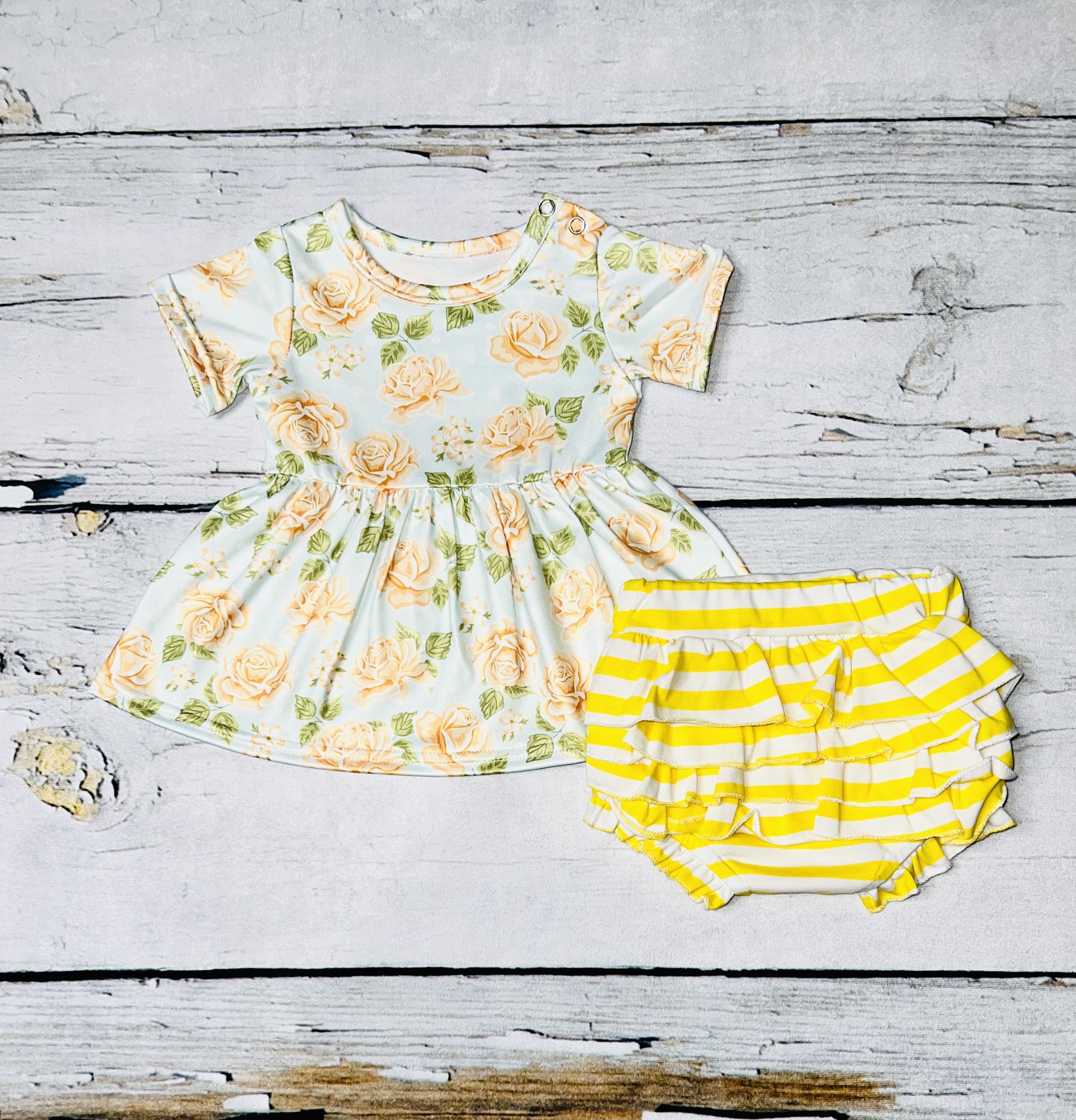 Shop baby clothes Floral baby doll top w/yellow striped bloomer set DLH1215-22 (A14S7)