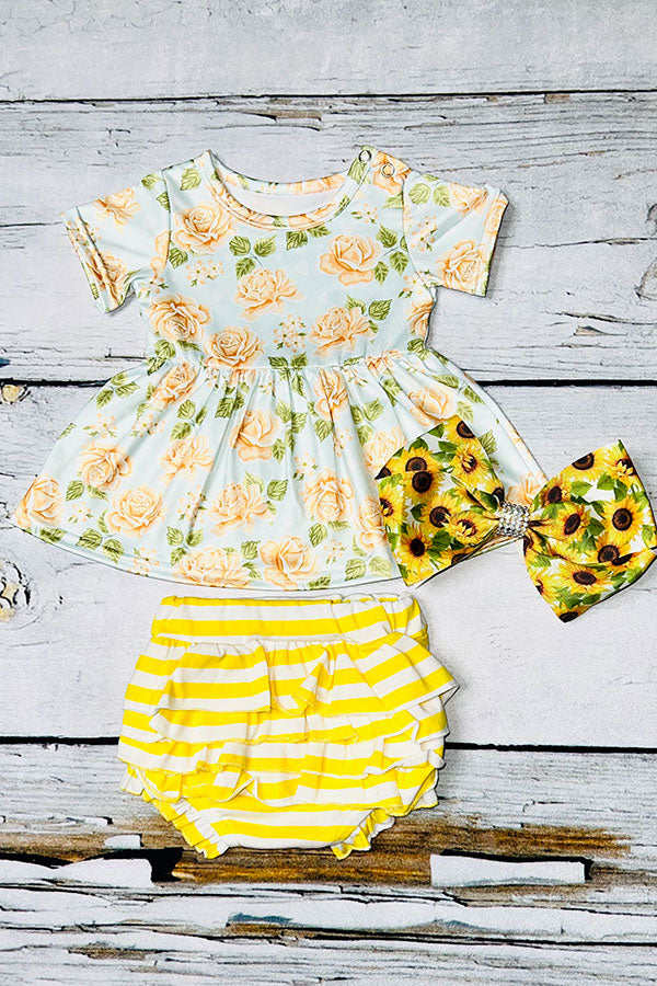 Shop baby clothes Floral baby doll top w/yellow striped bloomer set DLH1215-22 (A14S7)