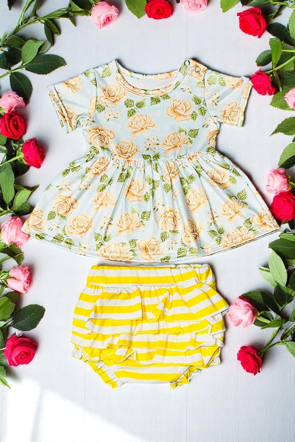 Shop baby clothes Floral baby doll top w/yellow striped bloomer set DLH1215-22 (A14S7)
