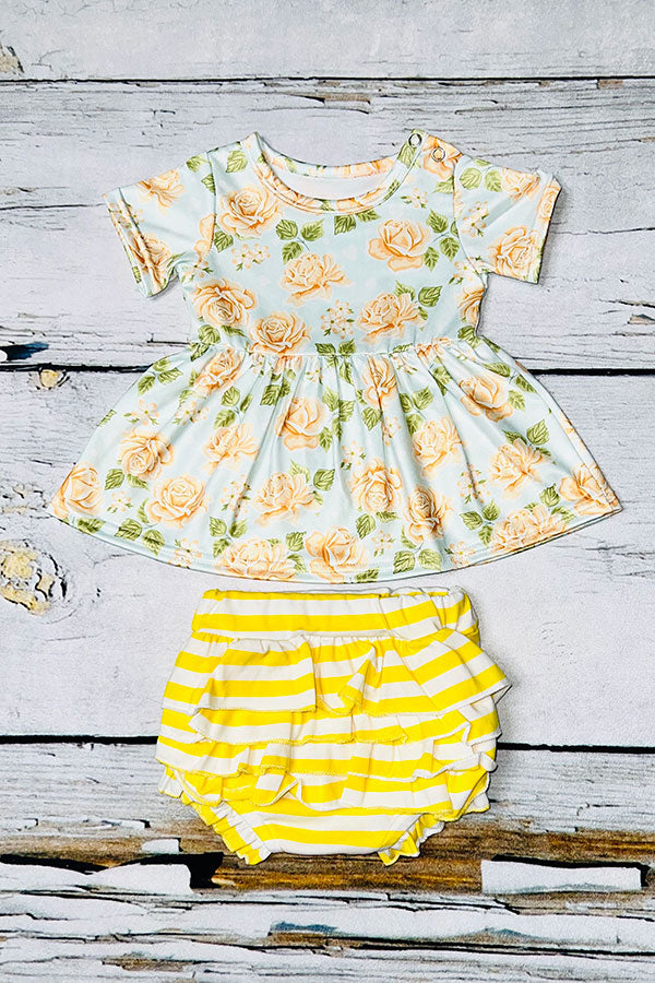 Shop baby clothes Floral baby doll top w/yellow striped bloomer set DLH1215-22 (A14S7)